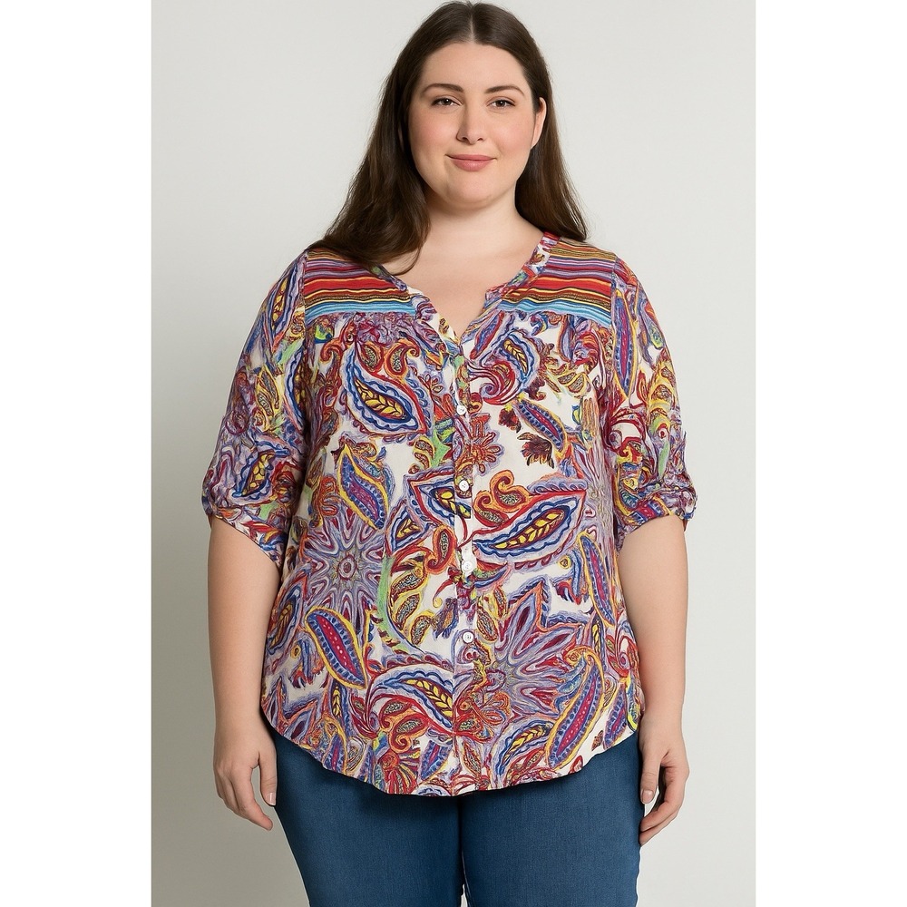 Fig And Flower Blouse Women's 2X Boho Peasant Paisley Artsy Tunic Top Roll Tab
